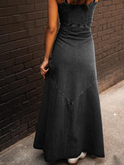 retro cotton denim washed distressed suspenders slim fit buttoned long swing dress