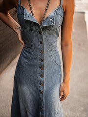 retro cotton denim washed distressed suspenders slim fit buttoned long swing dress