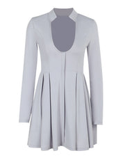 Solid Color V Neck Pleated Hem Dress