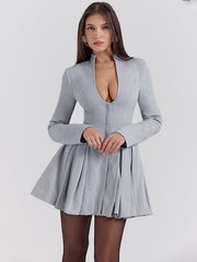 Solid Color V Neck Pleated Hem Dress