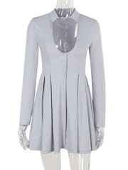 Solid Color V Neck Pleated Hem Dress