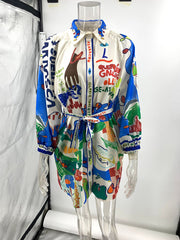 Linen Casual Printed Shirt Cardigan Lace-Up Dress