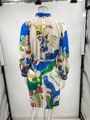 Linen Casual Printed Shirt Cardigan Lace-Up Dress