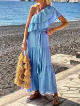 solid color off-shoulder lotus leaf collar dress