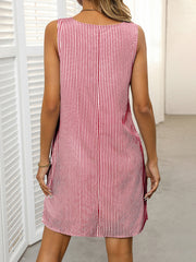 Round Neck Pocket Stripe Button Suspender Casual Dress