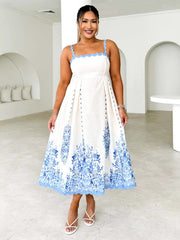 Print Wave Hem Sleeveless Backless Lace-up Suspender Dress