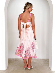 Print Wave Hem Sleeveless Backless Lace-up Suspender Dress