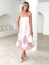 Print Wave Hem Sleeveless Backless Lace-up Suspender Dress