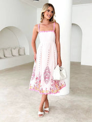 Print Wave Hem Sleeveless Backless Lace-up Suspender Dress