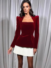 personalized long-sleeved color-blocked pleated hem mini skirt dress