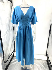 Blue V-neck Pleated Maxi Dress Loose Elegant Dress