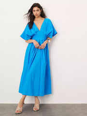 Blue V-neck Pleated Maxi Dress Loose Elegant Dress