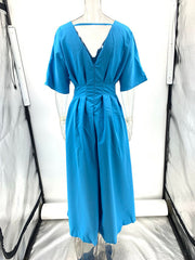 Blue V-neck Pleated Maxi Dress Loose Elegant Dress