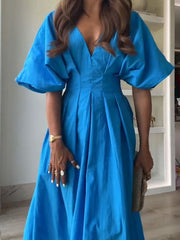 Blue V-neck Pleated Maxi Dress Loose Elegant Dress
