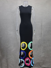 Round Neck Sleeveless Colorblock Hollow Embroidery A-Line Long Dress