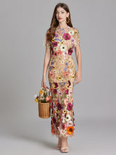 Ladies three-dimensional flower mesh embroidery waist and hip dress