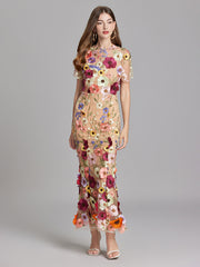 Ladies three-dimensional flower mesh embroidery waist and hip dress