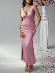 Sexy solid color slim fit deep v backless evening dress long dress