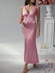 Sexy solid color slim fit deep v backless evening dress long dress