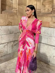 Pleated Print Long Sleeve Dress