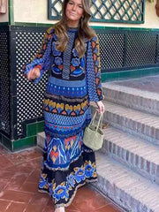 Stand collar printed long sleeve dress
