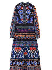 Stand collar printed long sleeve dress