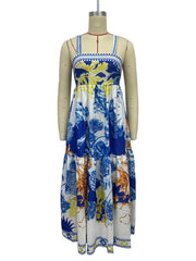 Holiday style maxi dress with printed suspenders