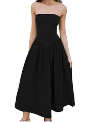 Solid color tube top elegant waist pleated pocket long dress