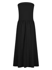 Solid color tube top elegant waist pleated pocket long dress