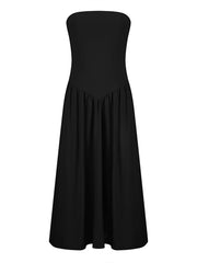 Solid color tube top elegant waist pleated pocket long dress