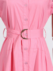 V-neck hollow lace-up slim lapel shirt dress