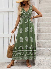 Green ethnic style casual V-neck high waist dress