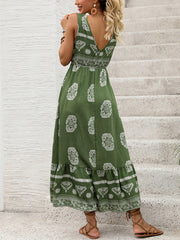 Green ethnic style casual V-neck high waist dress