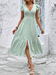 V-neck slit fresh light green dress