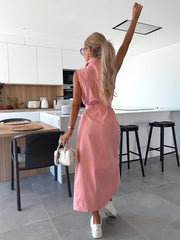 Sleeveless Long Tie Waist Single Breasted Denim Dress