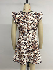 Personalized lace flying sleeves V-neck leopard print dress