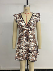 Personalized lace flying sleeves V-neck leopard print dress