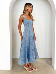 Sleeveless Backless Midi Strap Long Denim Dress