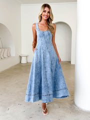 Sleeveless Backless Midi Strap Long Denim Dress