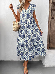 Vacation Loose V-Neck Ethnic Print Long Dress