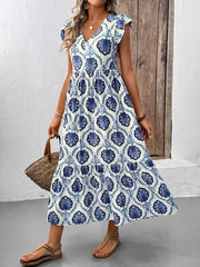 Vacation Loose V-Neck Ethnic Print Long Dress