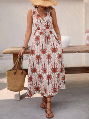 Holiday style high waist printed sleeveless V-neck A-line dress