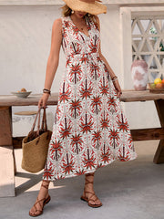 Holiday style high waist printed sleeveless V-neck A-line dress