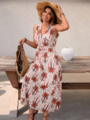 Holiday style high waist printed sleeveless V-neck A-line dress