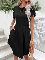 Simple style round neck lace petal short sleeve T-shirt dress