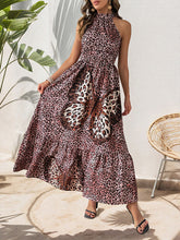 Casual holiday sleeveless halterneck butterfly pattern leopard print dress