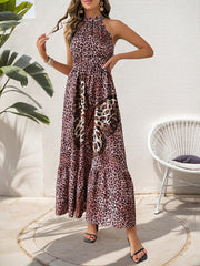 Casual holiday sleeveless halterneck butterfly pattern leopard print dress