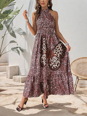 Casual holiday sleeveless halterneck butterfly pattern leopard print dress
