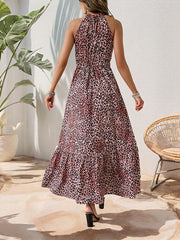 Casual holiday sleeveless halterneck butterfly pattern leopard print dress