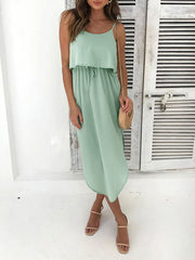 Casual solid color irregular slit suspender skirt high waist fake two piece dress